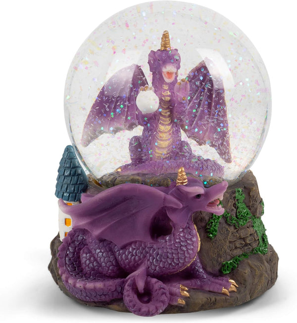 Elanze Designs Purple Dragon with Orb on Castle Tabletop Figurine Decoration, 100MM Glitter Water Musical Snow Globe