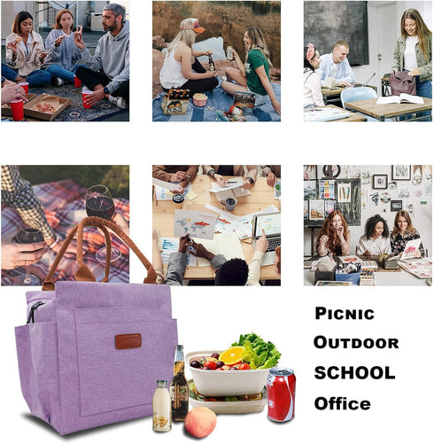 Joymee Insulated Lunch Bag for Women, Reusable Leakproof Cooler Tote with Bottle Holder and Side Pockets