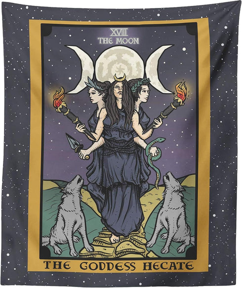 The Goddess Hecate Tarot Card Tapestry - Triple Moon Goddess of Witchcraft Hekate Wheel Wall Hanging (60" x 50")