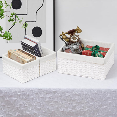Vagusicc Set of 3 Wicker Storage Baskets, Hand-woven Decorative Rectangle Bins with Handles for Organizing, White