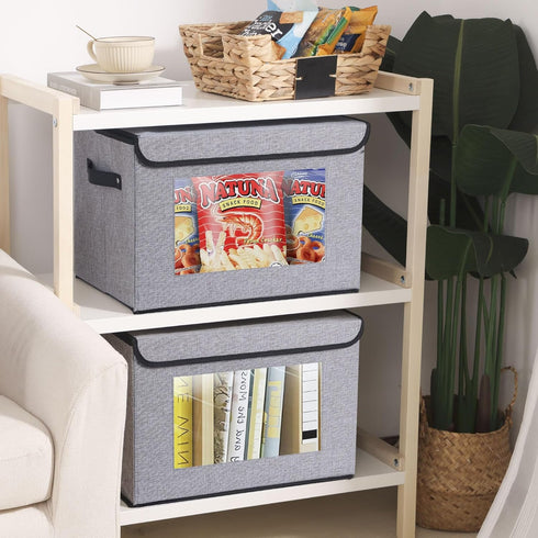 Fabric Storage Boxes - Storage Baskets for Shelves with Lids, Decorative Linen Closet Organizers Boxes, Small, Gray