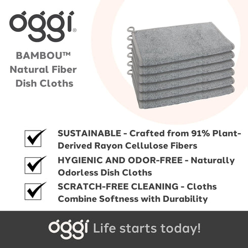 91% 6 7x9 Oggi Bambou Odor-Free Kitchen Washcloths - Natural Kitchen Dish Cloths, Bamboo-Derived Rayon Cellulose Fiber