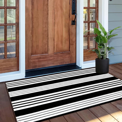 Black/White Striped Front Door Rug 2'X4.3', Cotton Hand Woven Indoor/Outdoor Entryway Rug, Machine Washable Kitchen Mat