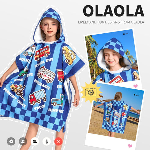 3-12 OLAOLA Printed Car Hooded Kids Beach Towels for Years Boys Girls, Soft Absorbent Kids Hooded Bath Towel Wrap