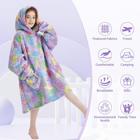 6-13YR Fiosnow Glow in the Dark Mushroom Blanket Hoodies for Kids Oversize Wearable Blanket Hoodies for Boys Girls