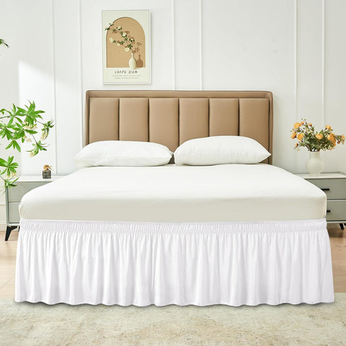 Biscaynebay Wrap Around Bed Skirts for King & Cal King Beds, White Adjustable Elastic Dust Ruffles with Short Drop of