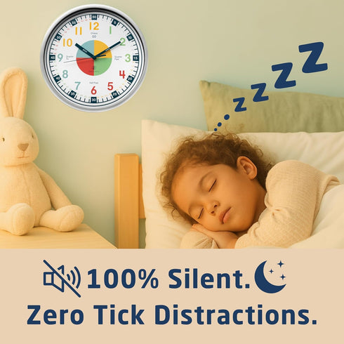 OWLCONIC Non Ticking Analog Clock for Kids, Teaching Clock for Wall, Silent Homeschooling Resource