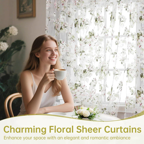 BROSHAN Pink Floral Sheer Curtains 78 Inches Long - Pretty Flower Print Bedroom Curtain Sheers, 2 Panels Set