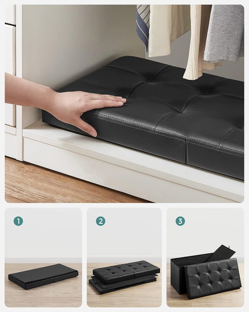 SONGMICS 30 Inches Folding Storage Ottoman Bench with Flipping Lid, Faux Leather, Black