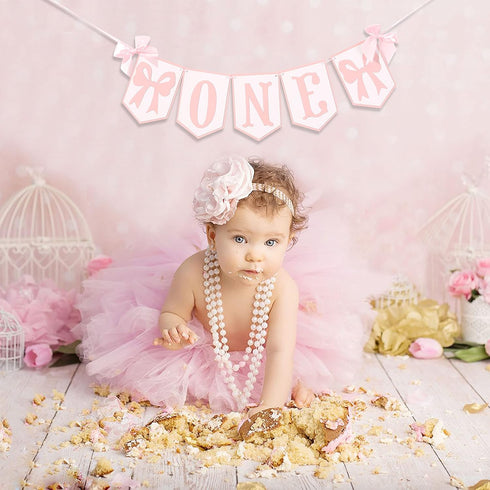 HUHJRUAR Pink and White Highchair Banner - Bow One Banner, Pink White Party Decor- Girl First Birthday Decor Cake Smash