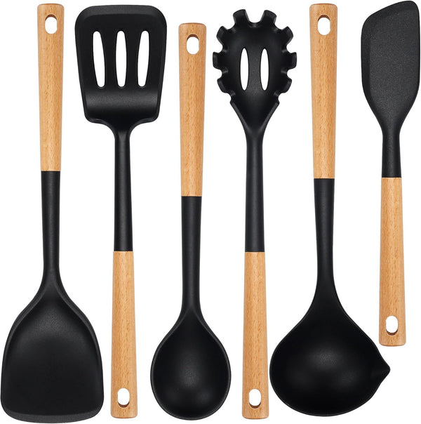 NCUE Kitchen Utensils Set, 6 Pcs Large Non-stick Silicone Cooking Utensils with Wooden Handle (Black)