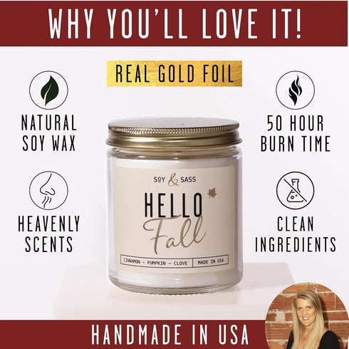 Fall Candles - 'Hello Fall' Candle with Cinnamon, Spice & Pumpkin, Essential Oils, 9oz Jar, 50Hr Burn