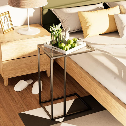 Easy Paws C Table Glass End Table, Couch Side Table, Tempered Glass Snack Side Table with Metal Frame, TV Tray Table