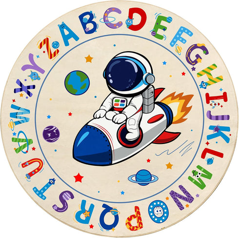 4ft, ABC Kids Alphabet Round Rug Washable Soft Circle Nursery Rug, Non-Slip Educational Carpet with Space Astronaut
