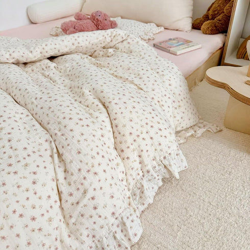 47"x59", BuLuTu Muslin Cotton Pink Floral Print Duvet Cover for Toddler Girls Kids Comforter Cover for Toddler Bed/Crib