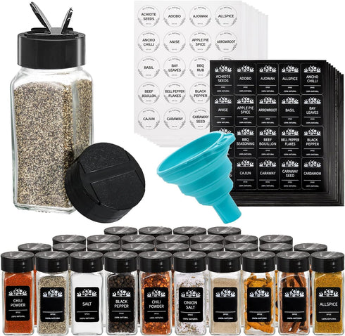 Tebery 30 Pack Glass Spice Jars Square Glass Bottles with Black Caps,