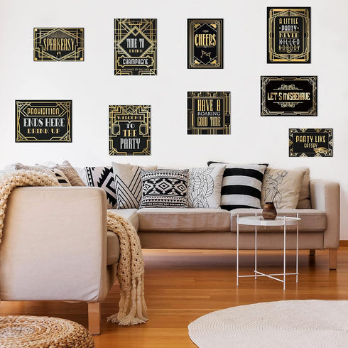 LINGXIU 9 Pieces Roaring 20s Party Decorations, Black and Gold Retro Jazz Wall Signs Kit for 1920s Speakeasy