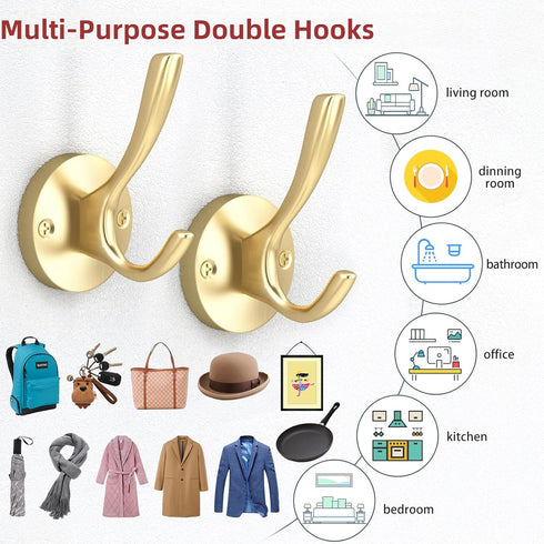 ZUONAI Gold Coat Hooks 2 Pack – Heavy Duty Brushed Brass Wall Hooks for Coats, Hats, Jackets, Keys