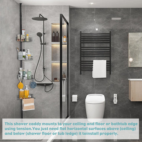 4 28.7 104.7 Inches WPT Black Shower Caddy Tension Pole for Bathroom, Stainless Steel Corner Shower Caddy Organizer
