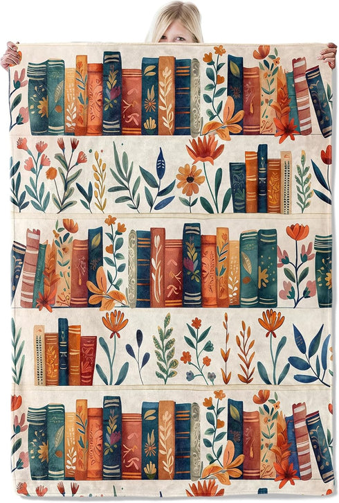 ICAAV Book and Flower Flannel Blanket 40x50in,Cozy Throw with Colorful Bookshelf and Floral