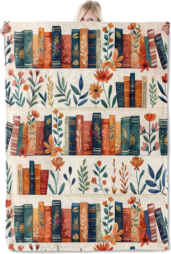 ICAAV Book and Flower Flannel Blanket 50x60in,Cozy Throw with Colorful Bookshelf and Floral