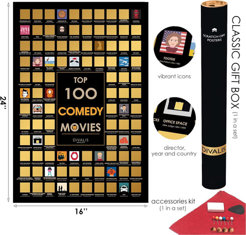 3 in 1 Gift Set - Top 100 Scratch Off Movies, Horrors, Comedy Posters Bundle - Essential Cinema Checklist