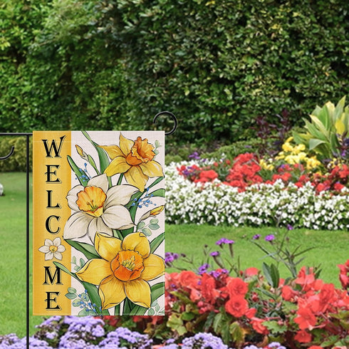 Welcome Spring Summer Floral Flower Garden Flag, Yellow Daffodil Eucalyptus Leaves Yard Decor 12 x 18