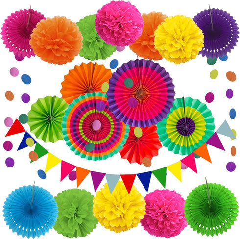 ZERODECO Party Decoration, 21 Pcs Multi-color Hanging Paper Fans, Pom Poms, Garlands, Polka Dot & Triangle Bunting Flags