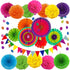 ZERODECO Party Decoration, 21 Pcs Multi-color Hanging Paper Fans, Pom Poms, Garlands, Polka Dot & Triangle Bunting Flags