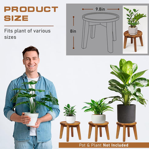 8 Demigo Indoor Plant Stand, Acacia Wooden Decorative Plant Shelf with Spill-Proof Tray, Stable Tall Flower Holder