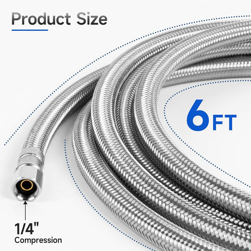 JUWO 6 FT Refrigerator Water Line, 1/4 Inch Compression Stainless Steel Ice Maker Hose Connector, For Small Residences with Short Distance by JUWO
