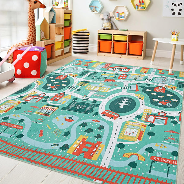 UKISS Educational Play Rug55"x55" Traffic Road Kids Car Mat,Non-Slip Washable City Kids Play