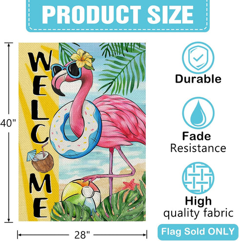 Welcome Summer Flamingo 28 x 40 House Flag, Double Sided; Beach Coastal Swim Ring Tropical Palm Leaves Garden Yard
