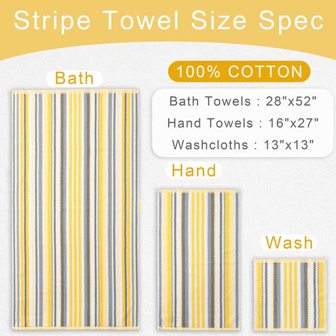 6PC 100% 13"x13", Set, Set Yellow Striped Washcloths - Cotton, Quick Dry, Soft, Absorb & Lightweight, Washcloth Striped