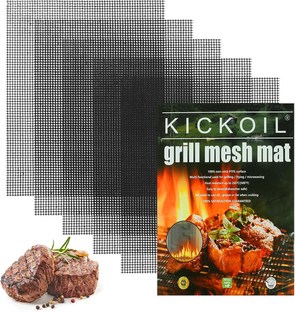 XL 15.75 x 13 inch Grill Mesh Mat Set - 5 Reusable Non-Stick BBQ Grill Mats for Vegetables, Fish, Black