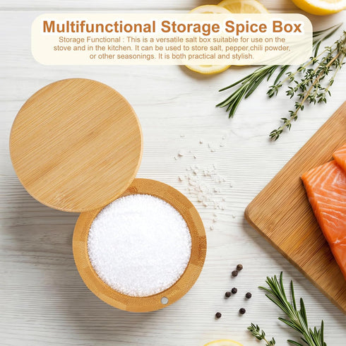 Pniimoo 360 Countertop 6 Oz Salt Holder with Lid, Bamboo Salt Container, Salt Cellar with Swivel Lid for to Store