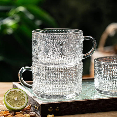 wookgreat Set 6, 14 oz 6 Vintage Glass Coffee Mugs of Tea Cups With Handle, Clear Embossed Glassware, Spoons