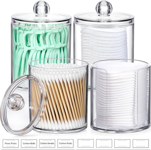 AOZITA 4 Pcs Acrylic Qtip Holder Dispenser, Clear Plastic Apothecary Jar Set for Bathroom Storage