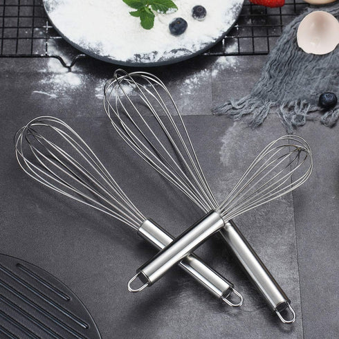 Berglander Whisk Set Pack of 3, Stainless Steel Cooking Whisks 8", 10", 12" Wire Balloon Whisk (Silver)