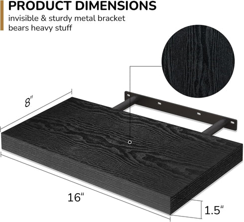 16 Inch 2 Pack, Fun Memories Floating Shelves - Deep Rustic Black Wooden Wall Shelves - Extra Deeper & Thicker Wall