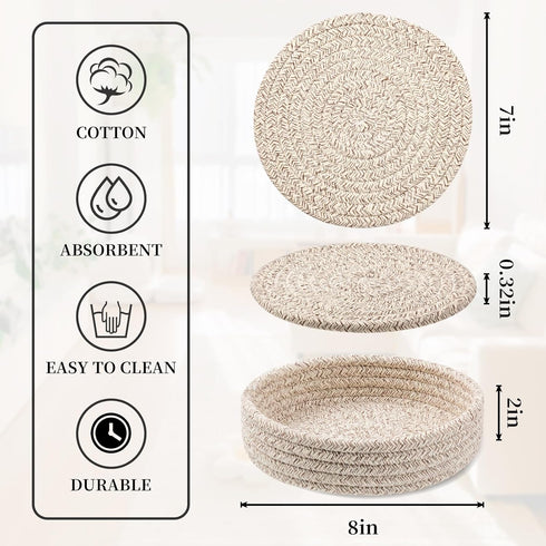 Brown Trivets for Hot Dishes, 4 Pcs Cotton Coasters with Storage Basket, Pot Holders for Kitchen and Hot Pads for Table