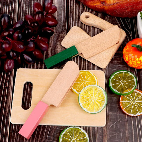 4 Pcs Wooden Kids Knives Cooking Utensils, Safe Knives with Rectangle Cutting Board for Kitchen Cooking