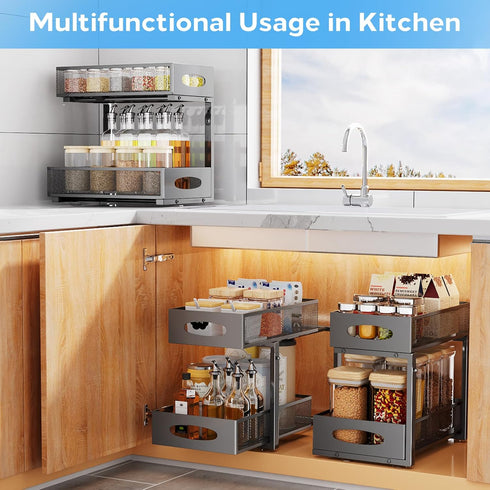 Under Sink Organizer, 2 Tier Pull Out Cabinet Baskets with Mesh Sliding Drawers, Slide Out Storage Shelf for Home &