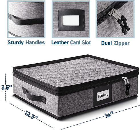 Fine China Storage Containers – Platter Storage Case, Hard Shell, Quilted, Stackable 16”x12.5”x3.5” with Zipper,