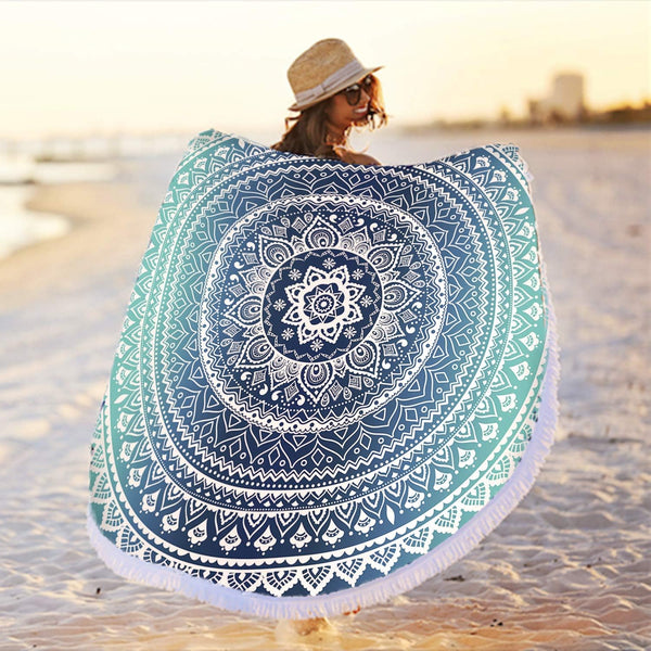 Microfiber Mandala Round Blue Beach Towel Blanket, Oversized Quick Dry Super Absorbent