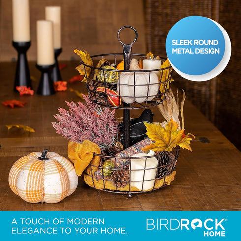 BIRDROCK HOME 2 Tier Wire Fruit Basket | Round Metal Standing Baskets | Freestanding Rustic Decorative Caddy