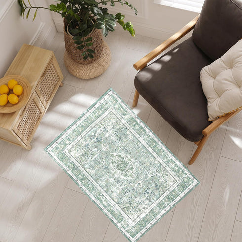 Boho Vintage Modern Area Rugs, Washable Neutral Small Carpet, Sage Green 2×3, High Traffic Doormat for Kitchen Entryway