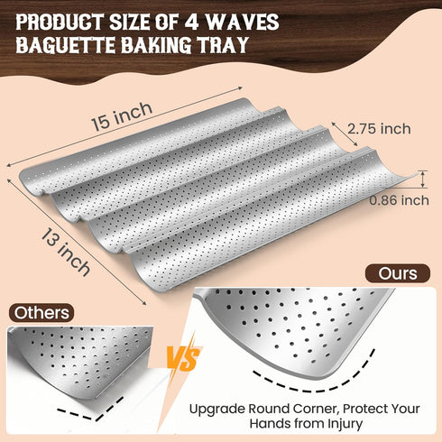 Baguette Bread Pan, Premium Nonstick Perforated Baking Tray for 4 Loaves of French Bread, Crisp Golden-Brown Crust