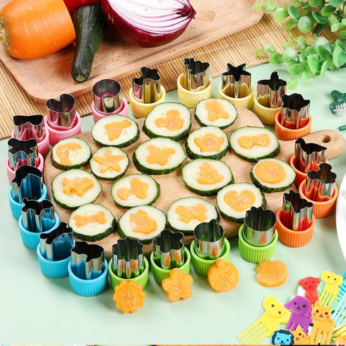 24 pcs Vegetable Cutter Shapes Sets - Cookie Cutters, Fruit Stamps Mold with 20 pcs Food Picks and Forks for Kids