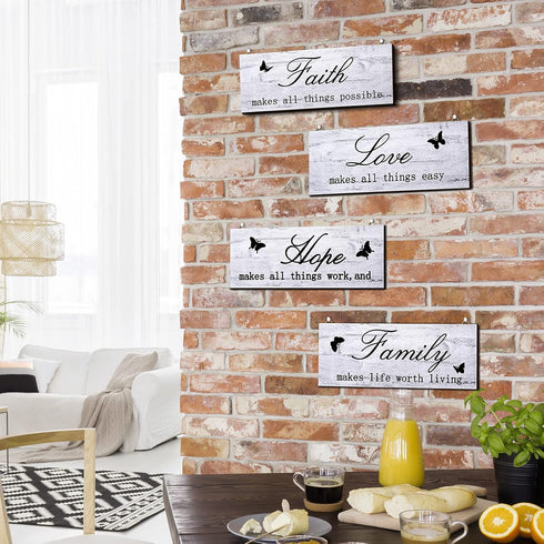 4 Pieces Faith Love Hope Family Wood Sign, Rustic Wooden Home Wall Sign for Front Porch Door